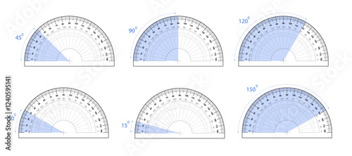 Protractor displaying various angle markings. Measuring tool with different angles marked, ideal for math and engineering. PNG