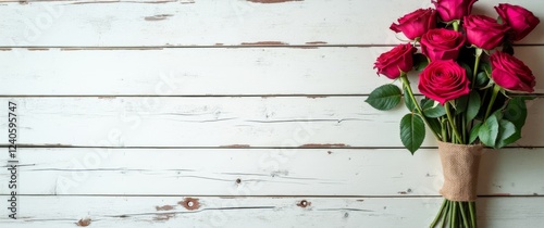 Overhead view of a wooden plank table with aged white paint with a small bouquet of red roses on the right, with copy space.