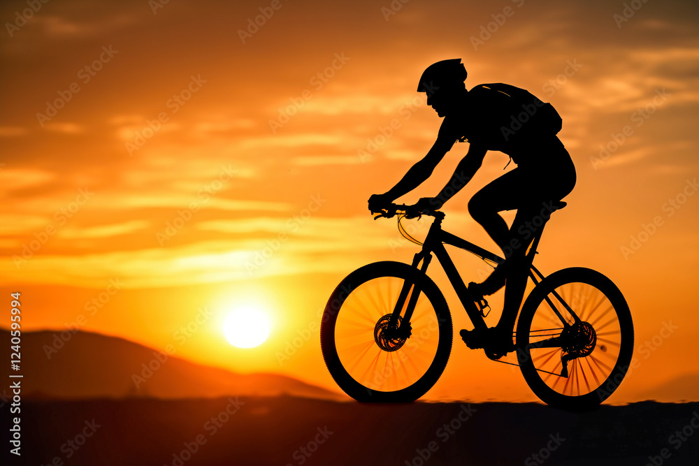 Cyclist silhouette climbing a hill with a vivid sunrise backdrop Cyclist silhouette climbing a hill with a vivid sunrise backdrop