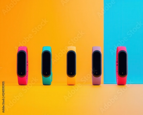 digital fitness workouts goals. A chic product lineup of wearable fitness bands syncing to apps with gamified goal-setting features, digital fitness, technology for goal achievement