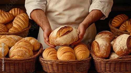 A hand reaching for a crusty artisan sourdough loaf in a bakery surrounded by baskets of fresh bread and pastries  photo