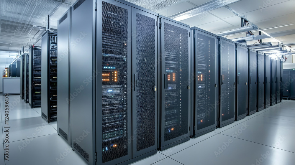 Data center with multiple rows of server racks, showcasing advanced technology and organized infrastructure. environment is designed for optimal performance and efficiency Data center with multiple rows of server racks, showcasing advanced technology and organized infrastructure. environment is designed for optimal performance and efficiency