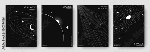 Set of abstract space astronomy backgrounds. Line art galaxy, universe, planet, solar system. Science future concept. Cosmic minimalist design for cover, poster, layout, banner, flyer, brochure