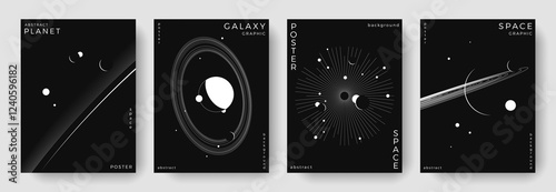 Set of abstract space astronomy backgrounds. Line art galaxy, universe, planet, solar system. Science future concept. Cosmic minimalist design for cover, poster, layout, banner, flyer, brochure