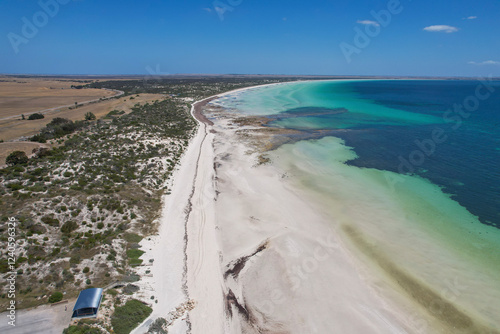 Aerial view of beautiful Hardwick Bay and Longbottom Beach with serene coastline and tranquil water, Yorketown, Australia. photo