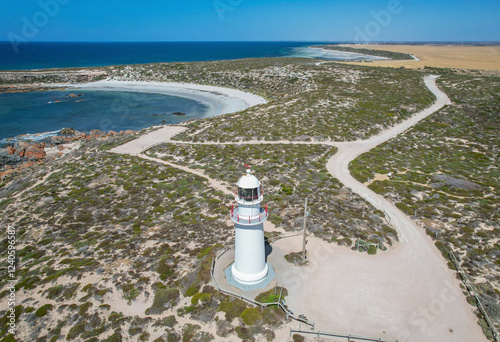 Aerial view of corny point lighthouse and talcum powder sands along the scenic coastline, Corny Point, Australia.