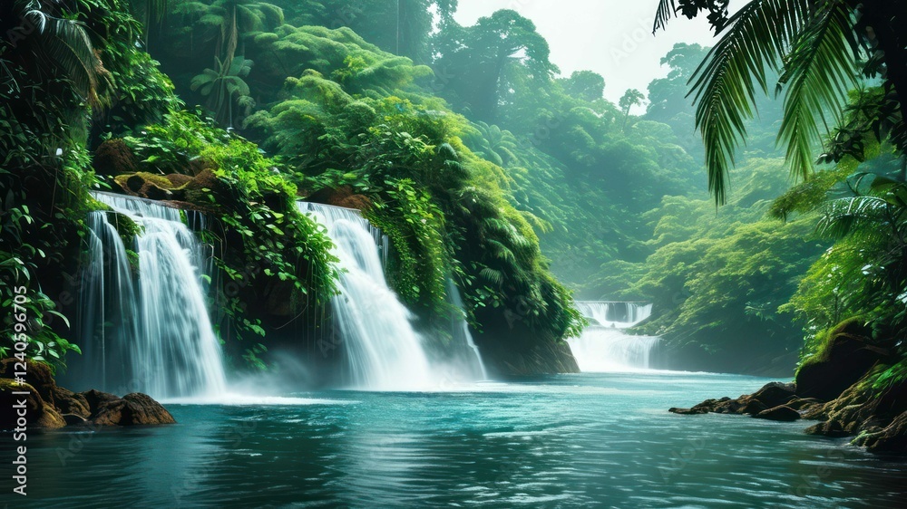 Fototapeta premium Lush tropical waterfall surrounded by vibrant greenery and calm waters