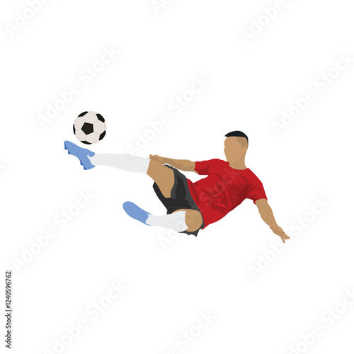 Vector illustration of soccer player kicking a ball during a football match in cartoon flat style. Dynamic football athletes poses jumping running and kicking, players differently kickball their foot.