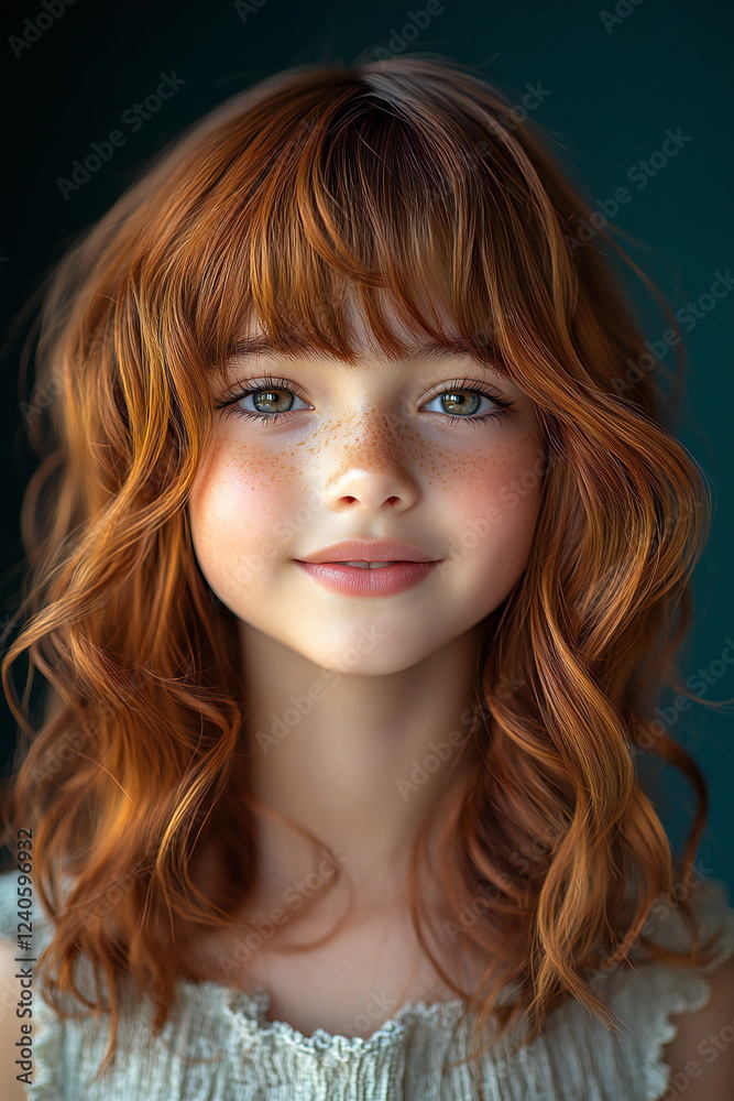 Young girl with wavy red hair and freckles smiles warmly against a dark background in a close-up portrait Young girl with wavy red hair and freckles smiles warmly against a dark background in a close-up portrait