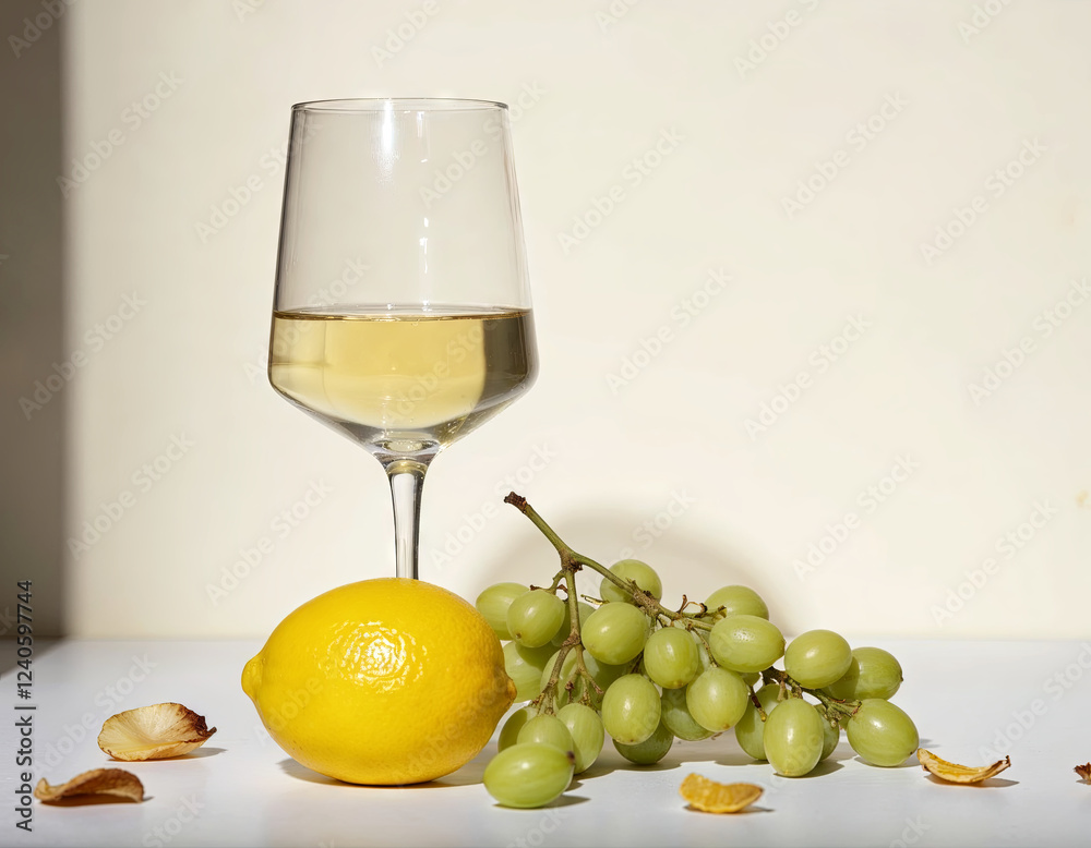 A glass of white wine with a bunch of grapes and lemon A glass of white wine with a bunch of grapes and lemon