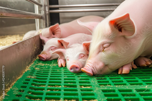 Three Piglets and Adult Pig Sleeping in Cage