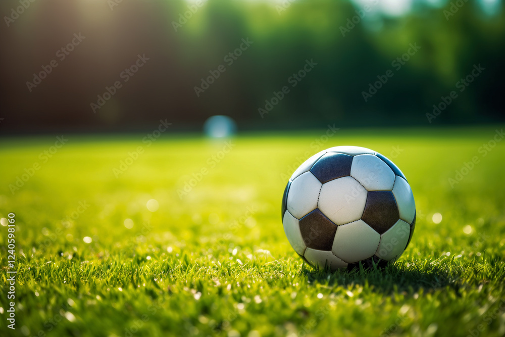 Fototapeta premium A soccer ball on freshly cut grass with a blurred goalpost in the background