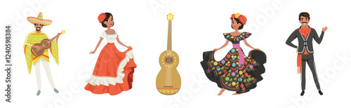 Mexican Man and Woman Character in Traditional National Costumes Vector Set