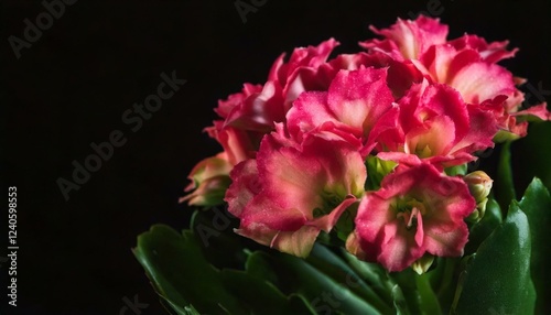 close up of Kalanchoe flower, black background, copy space
