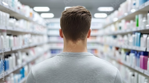 Shopper browsing a shelf of travel sized toiletries like mini shampoos and body washes in a compact well organized display  photo