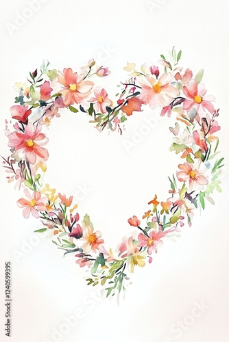 A romantic and delicate Happy Mother's Day greeting card design featuring a heart-shaped arrangement of colorful watercolor flowers, evoking warmth and love.