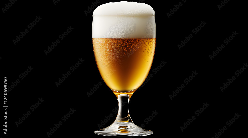 A cold glass of Bavarian Helles lager with golden color and a thick white foam head.