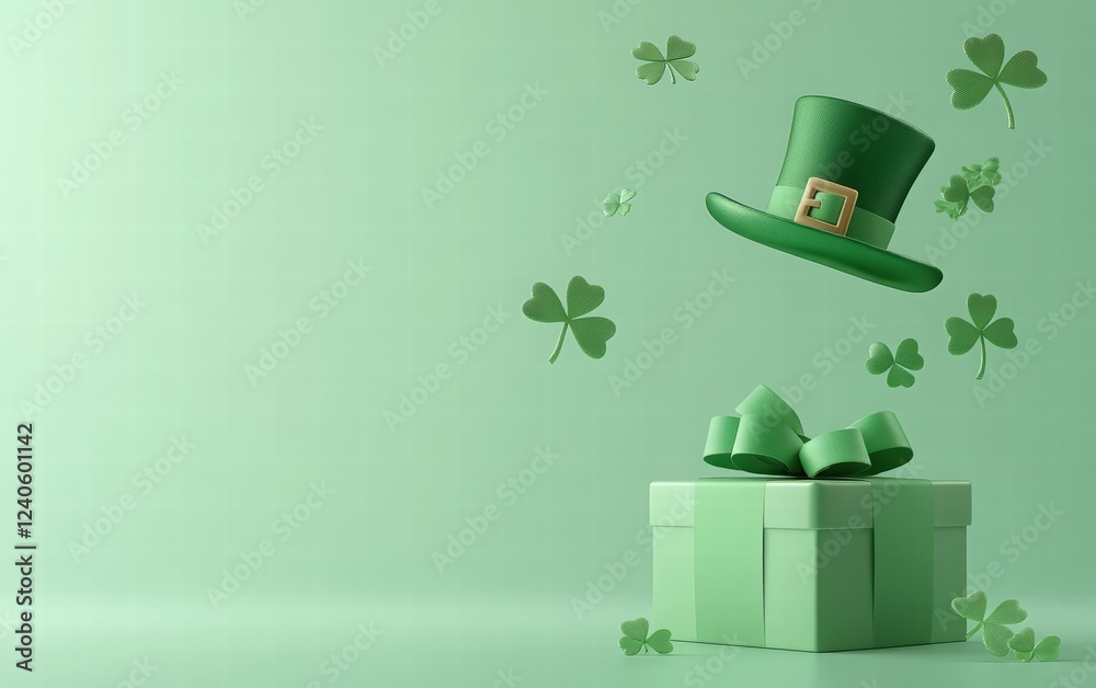 custom made wallpaper toronto digitalgreen gift box with a clover leaf and a leprechaun hat flying out on a light pastel background. St. Patrick's Day concept banner design.