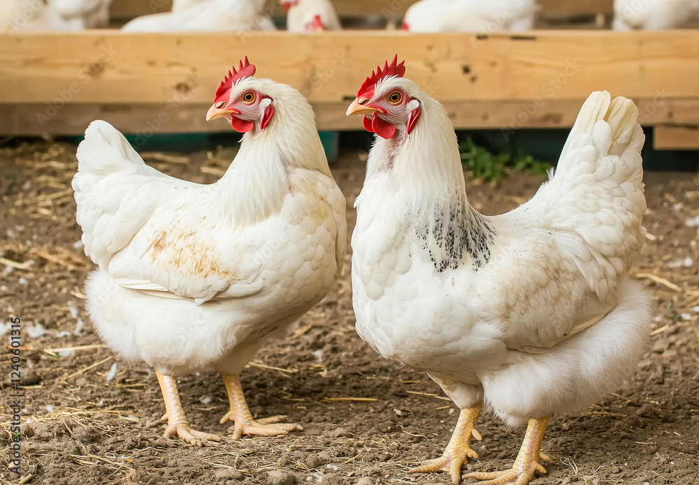 Fototapeta premium Two White Hens in Outdoor Enclosure