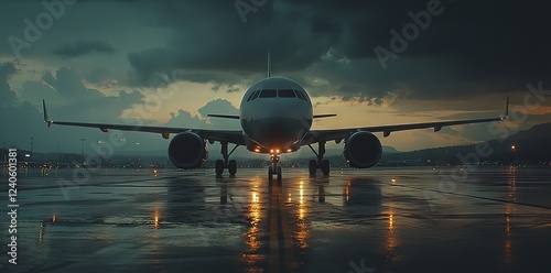 The airplane, poised for departure, lines up on the runway for takeoff, viewed from the front, as a horizontal wallpaper.