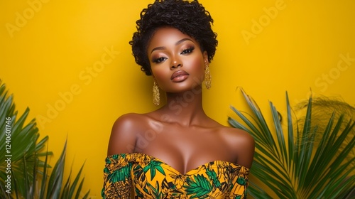 Woman modeling off shoulder Ankara dress surrounded by palm leaves and woven baskets perfect for African fashion shopping lookbooks 