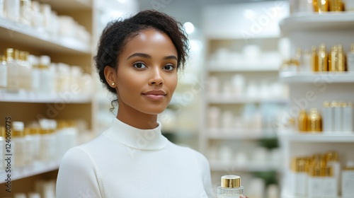 Woman selecting a face serum from a premium skincare section filled with luxurious glass bottles and soft gold accents  photo