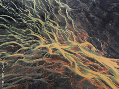 Aerial view of a beautiful glacier river with intricate patterns and clear waters, Hella, Iceland. photo