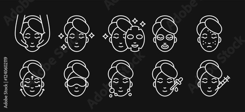 Facial skin care icons set. Woman applying products for healthy skin, linear icons.