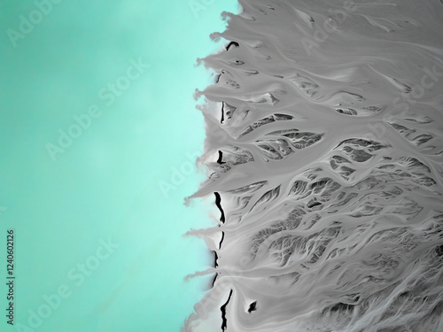 Aerial view of a beautiful glacier river with turquoise water and intricate sediment patterns, Selfoss, Iceland. photo