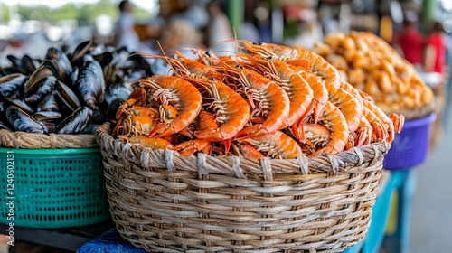 Woven basket filled with prawns mussels and crabs on a dockside fish market table perfect for fresh seafood shopping ads 