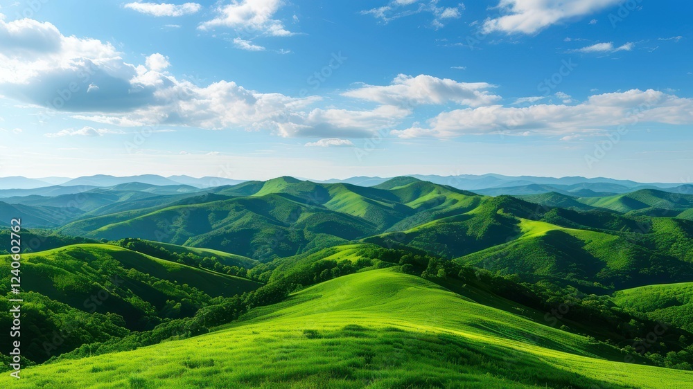 Fototapeta premium Vast green hills under a clear blue sky, serene and tranquil landscape