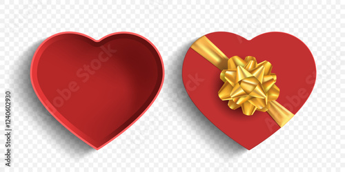 Gift box in the shape of a heart with golden bow. Template isolated on a transparent background. Vector mockup