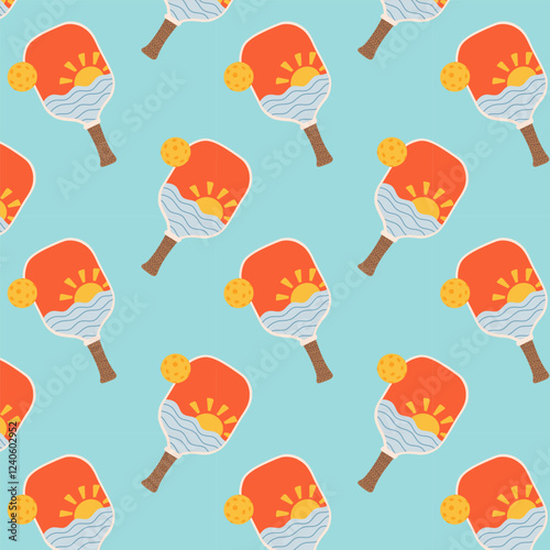 Pattern with pickleball balls and paddle. Sport seamless pattern with sunset paddle . Design for print, banner, card, fabric, cover, wrapping paper, wallpaper. Flat vector illustration