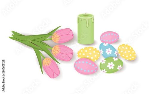 Easter painted eggs and bouquet of pink tulips with green candle. Composition isolated on transparent and white background. Print for gift bag. Element close-up for decoration of postcard design.