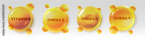 Realistic golden vitamin E, omega 3 foods, omega 6, and omega 9 oil capsules with transparent background. Shiny nutrient bubbles representing essential omega 3 fatty acids and health supplements.