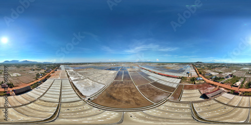 Aerial view of beautiful agricultural fields and salt pans under a blue sky with sunlight, Traeuy Kaoh, Tuek Chhou District, Cambodia. photo