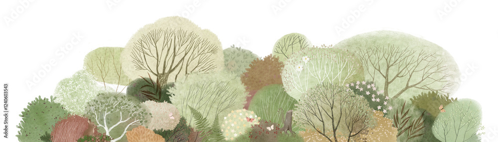 custom made wallpaper toronto digitalGreen landscape, cute forest, flowers and butterflies. Watercolor illustration. Decor for children's room. Banner.