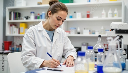 Focused lab assistant recording data during chemistry experiment, precision