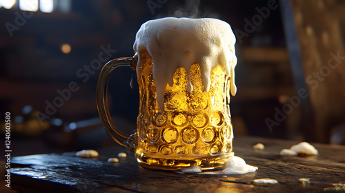 A cold golden beer in a dimpled stein with foam overflowing on a rustic table.
