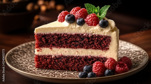 Wallpaper Mural Red velvet cake slice, berries, dessert, wood table, studio Torontodigital.ca