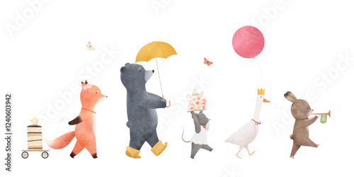 Wallpaper Mural Forest friends are going to have tea. A cheerful company of animals. Graphics for a children's room. watercolor illustration. Torontodigital.ca