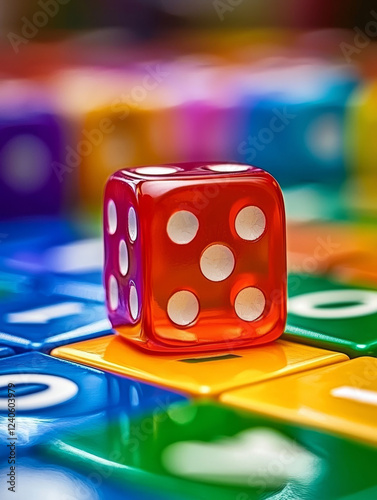 Red translucent die rests on colorful numbered game board.