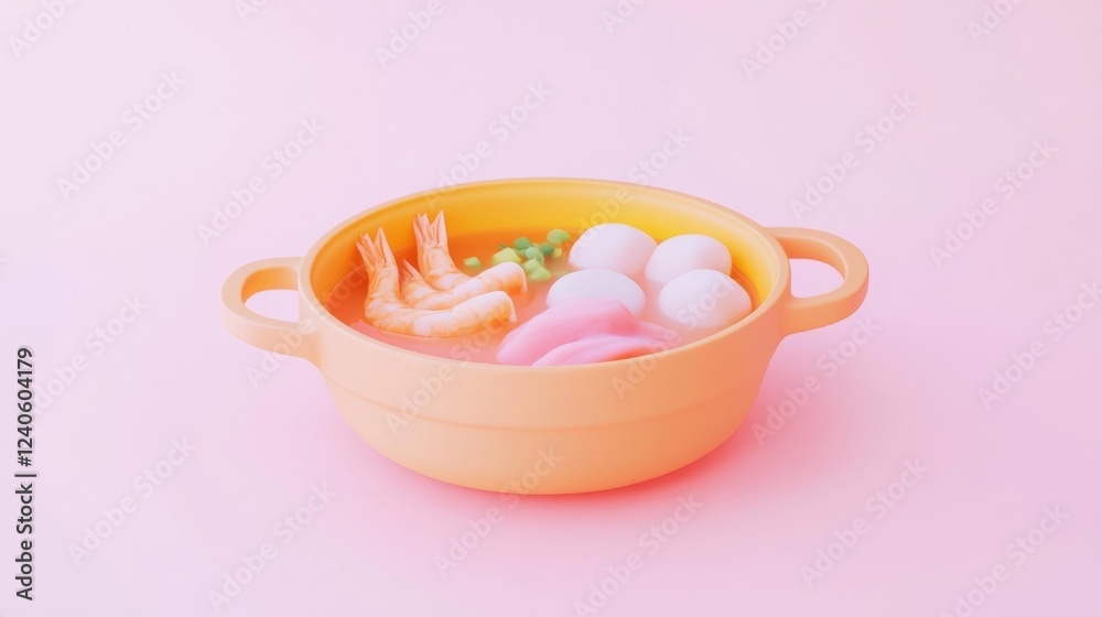 Colorful Bowl of Shrimp and Egg Soup on Pink Background Colorful Bowl of Shrimp and Egg Soup on Pink Background