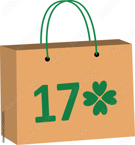 St. Patrick's day shopping paper bag flat vector illustration.
Paper bag with clover pattern.
Saint Patricks day gift bag icon isolated.
Transparent background.