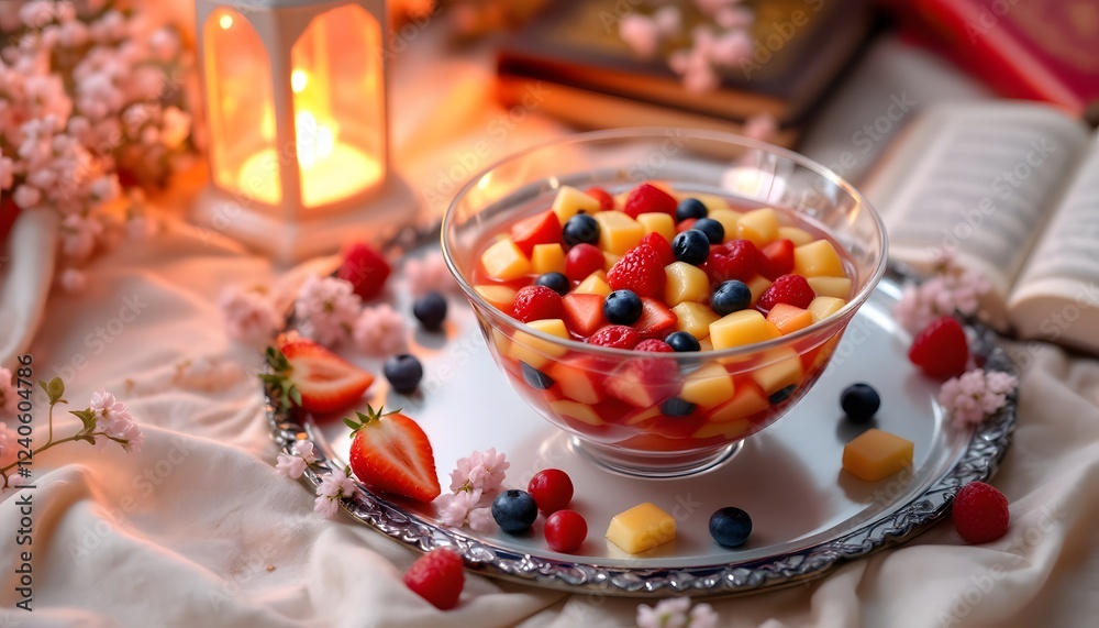 Naklejka premium Delicious Summer Fruit Salad Recipe with Berries and Melon