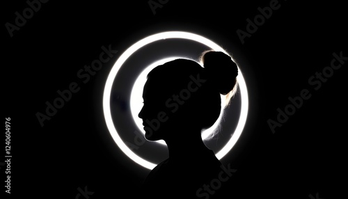 A silhouette of a person with a bun hairstyle, positioned in profile against a dark background. A glowing circular light halo is behind their head, creating a striking contrast. The scene is monochrom