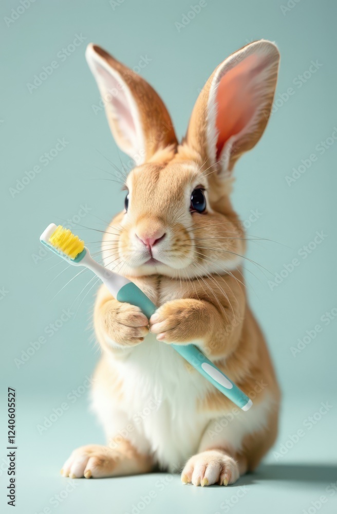 Obraz premium Cute brown bunny holding toothbrush promoting dental hygiene