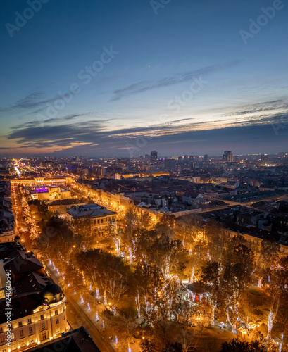 Aerial view of Zrinjevac park illuminated with festive lights during the christmas market, Zagreb, Croatia. photo