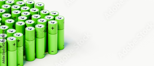 Green Batteries on White Background with Copy Space