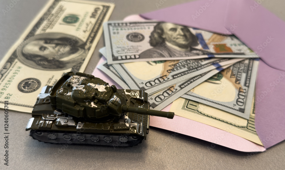 Toy tank on US hundred dollar bills banknotes close up. The concept of war costs, military spending and economic crisis Toy tank on US hundred dollar bills banknotes close up. The concept of war costs, military spending and economic crisis
